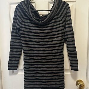 Elegant Black and Gray Striped Women's Cowl Neck Sweater